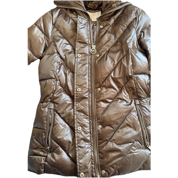MICHAEL KORS  Women’s Brown Gold Hooded Puffer Belted Jacket Bubble Coat SZ XS - Picture 7 of 11